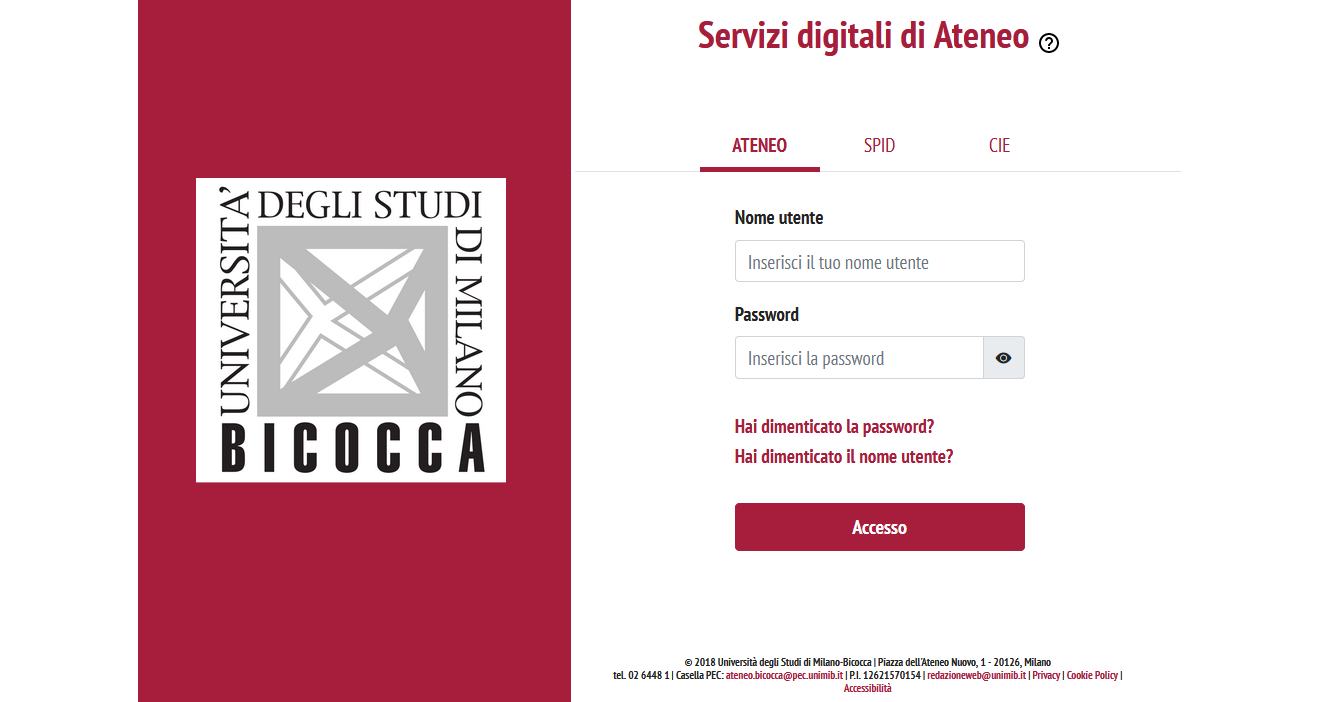 Schermata di autenticazione Servizi Digitali di Ateneo