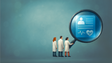 tre medici con una grande lente di ingrandimento