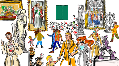 figure stilizzate di persone che visitano un museo 