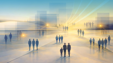 figure umane stilizzate in ambiente urbano con effetto luminoso