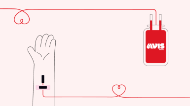 disegno grafico con un braccio con filo rosso e sacca di sangue con scritta avis