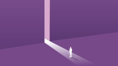 figura umana stilizzata in bianco su fondo viola 