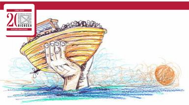 illustrazione di una mano che sorregge una barca piena di migranti