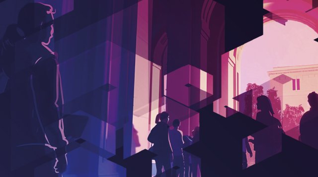 figure umane stilizzate in ambiente urbano di colore viola 