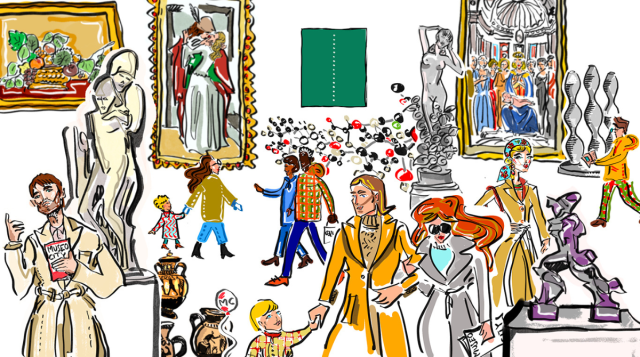 figure stilizzate di persone che visitano un museo 
