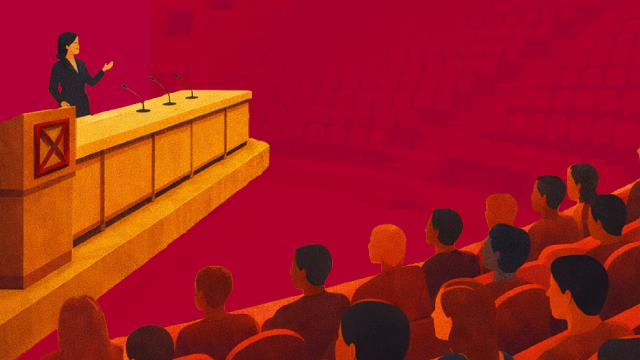 figura umana stilizzata che parla nell'Aula Magna dell'Università di Milano Bicocca