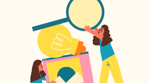 grafica stilizzata con due figure umane, un cubo, una lampadina e una lente d'ingrandimento