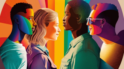 persone di varie età e generi su fondo colorato arcobaleno