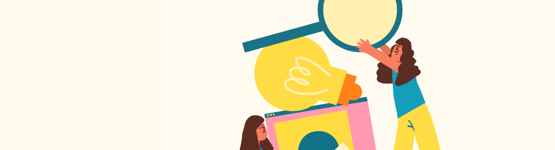 figure umane stilizzate di persone, lampadina e lente di ingrandimento