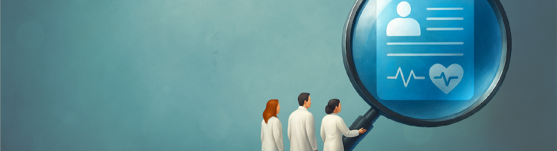 figure stilizzate di medici che tengono in mano una grossa lente di ingrandimento