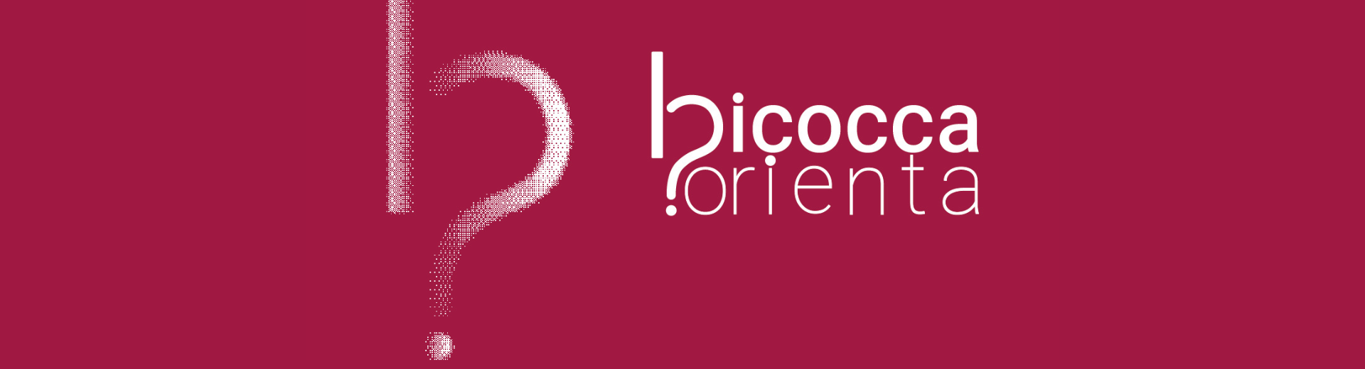 punto esclamativo e punto di domanda bianchi che compongono la lettera b e scritta Bicocca orienta bianca su fondo rosso mattone