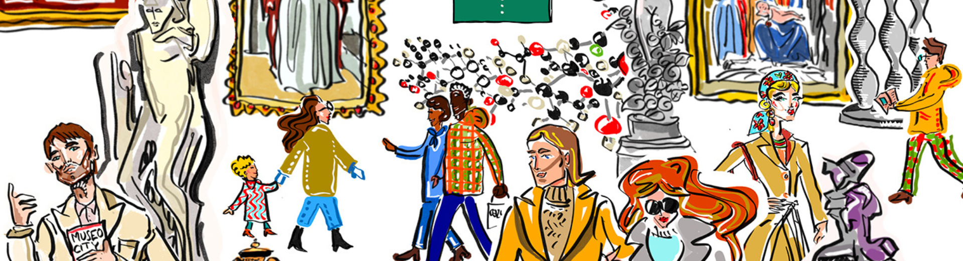figure stilizzate di persone che visitano un museo 