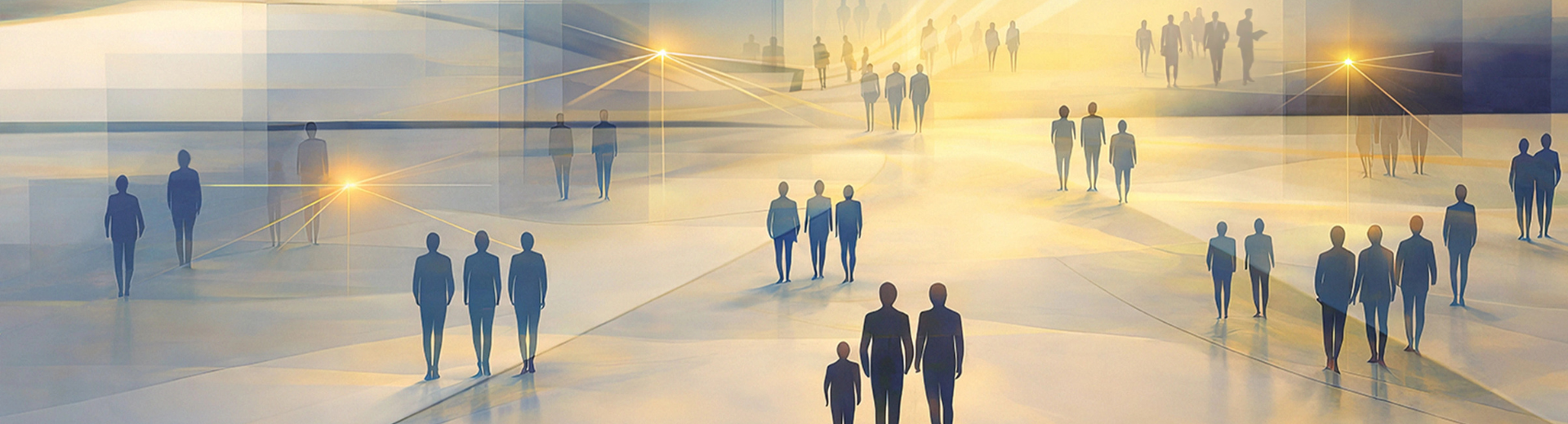 figure umane stilizzate in ambiente urbano con effetto luminoso