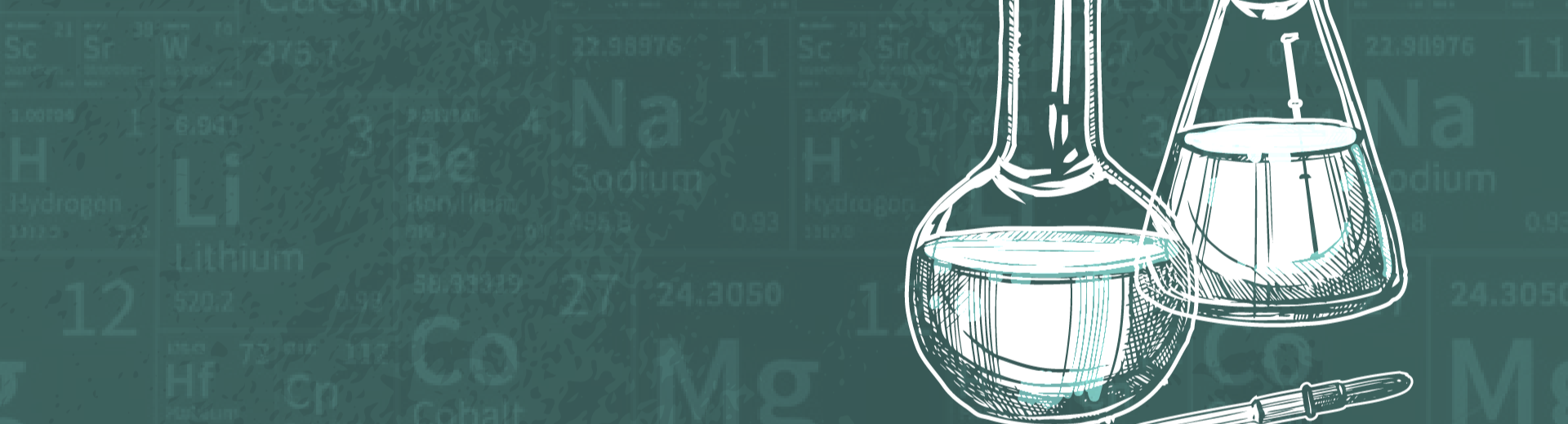 disegno grafico di provette chimiche bianche su fondo verde e formule chimiche